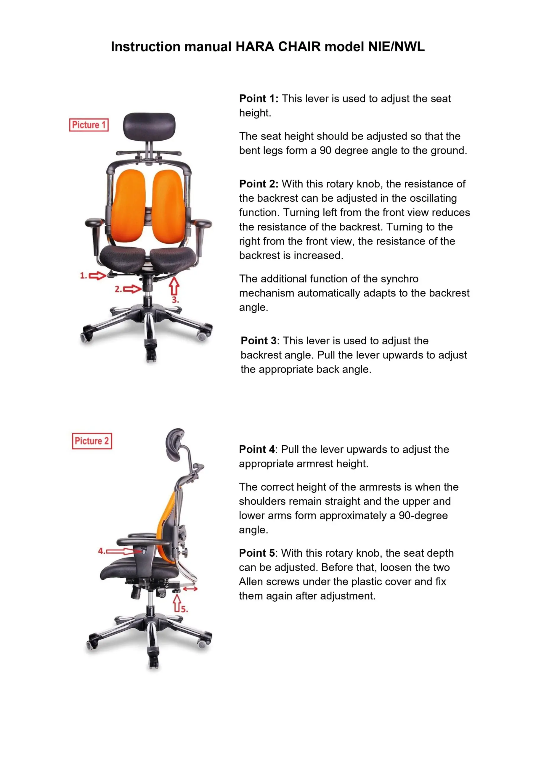 Instruction manual HARA CHAIR model NIE and NWL